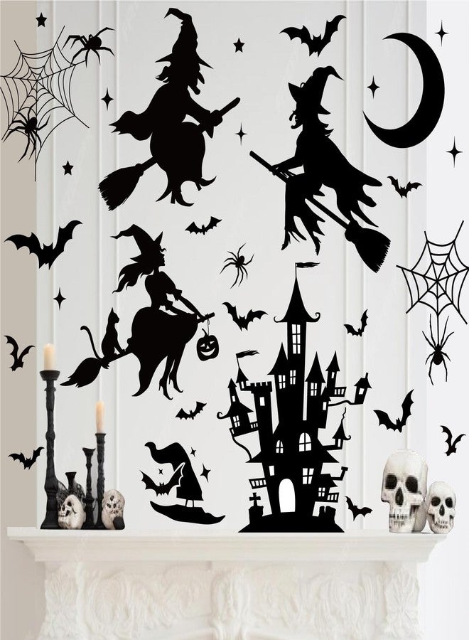 JarThenaAMCS Halloween Wall Stickers Black Witch Castle Spider Bat Wall Decals Removable Room Mural Stickers for Home Hocus Pocus Party Decor, 11.8 x 13.8 Inch, 8 Sheets - Image 1