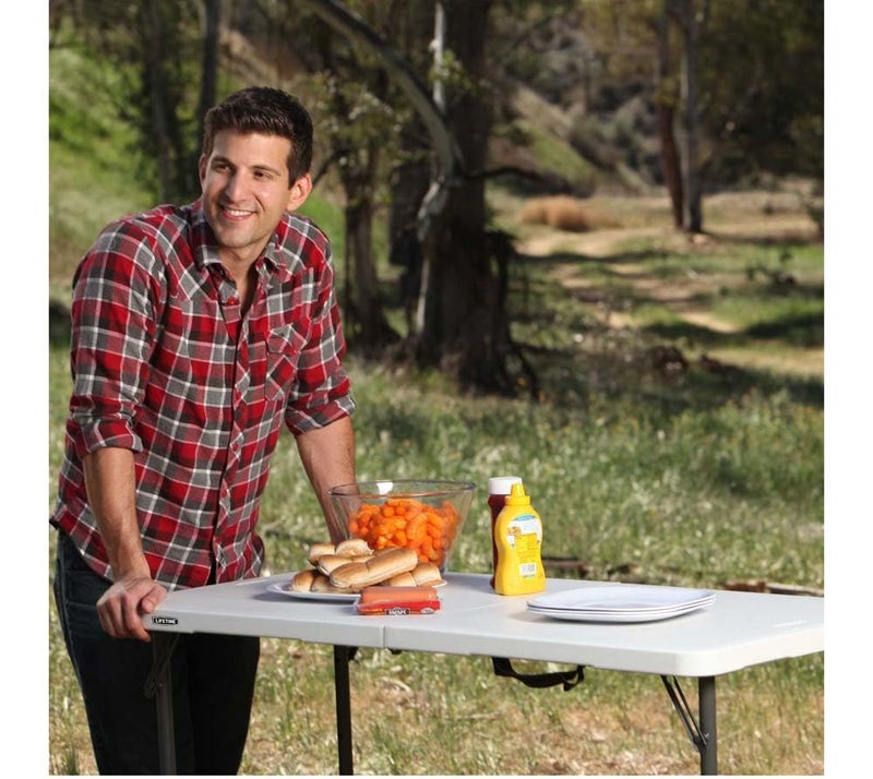 DEXO طاولة تخييم قابلة للطي 1.2م - طاولة تريستيل بلاستيكية ثقيلة الوزن مع مقبض حمل، ارتفاع قابل للتعديل، طاولة نزهة وشواء محمولة (120×60×75 سم، بيضاء) - Image 3