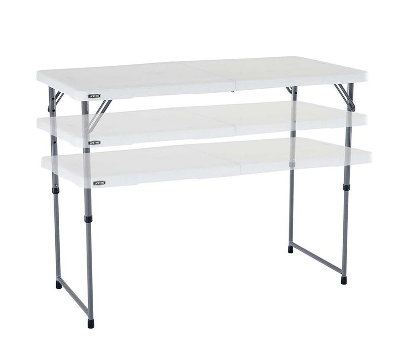 DEXO طاولة تخييم قابلة للطي 1.2م - طاولة تريستيل بلاستيكية ثقيلة الوزن مع مقبض حمل، ارتفاع قابل للتعديل، طاولة نزهة وشواء محمولة (120×60×75 سم، بيضاء) - Image 2