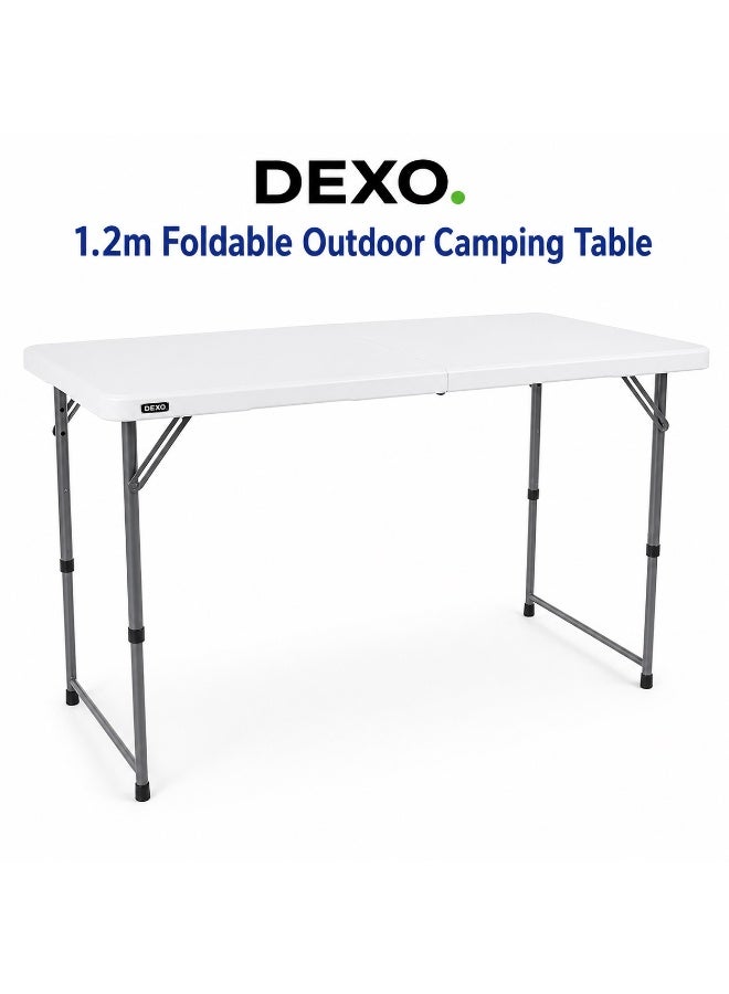 DEXO 1.2m Foldable Outdoor Camping Table – Heavy-Duty Plastic Folding Trestle Table with Carry Handle, Adjustable Height, Portable Picnic & BBQ Table (120×60×75cm, White) - Image 1