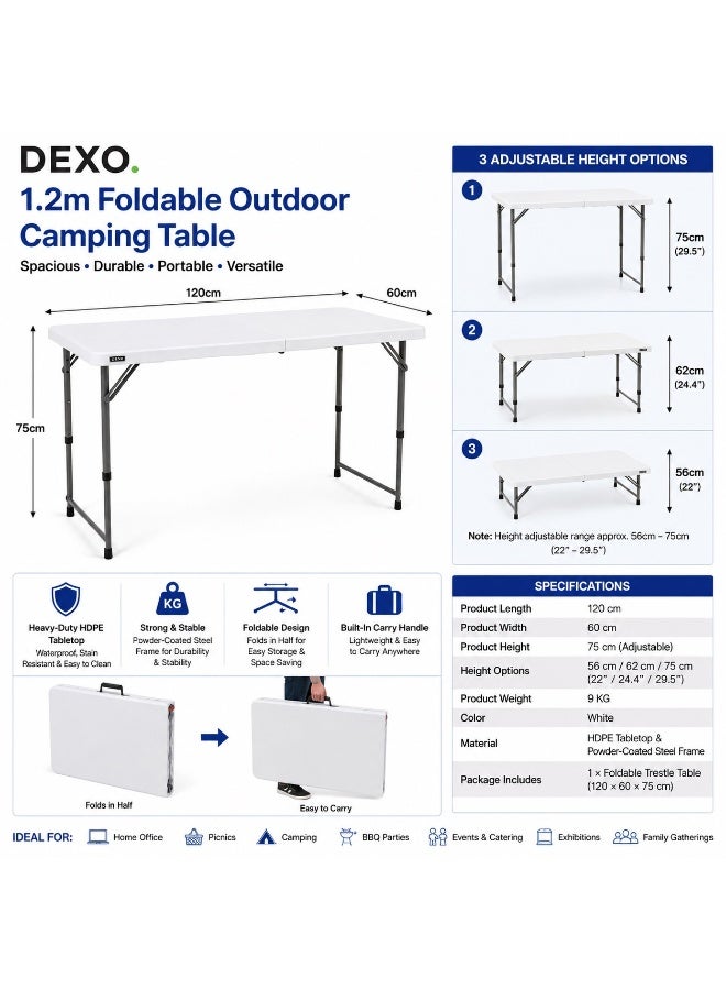 DEXO 1.2m Foldable Outdoor Camping Table – Heavy-Duty Plastic Folding Trestle Table with Carry Handle, Adjustable Height, Portable Picnic & BBQ Table (120×60×75cm, White) - Image 3