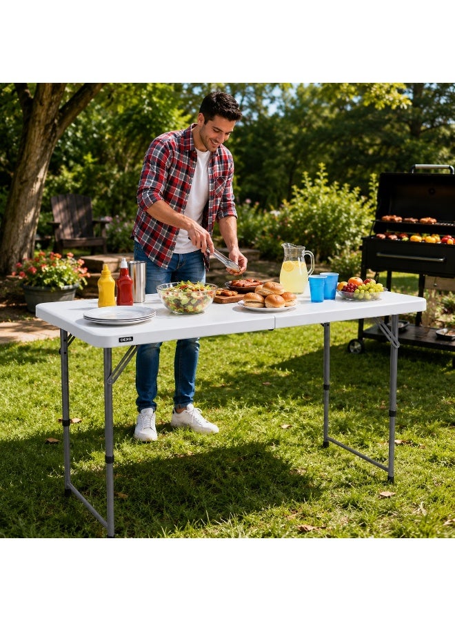 DEXO 1.2m Foldable Outdoor Camping Table – Heavy-Duty Plastic Folding Trestle Table with Carry Handle, Adjustable Height, Portable Picnic & BBQ Table (120×60×75cm, White) - Image 2