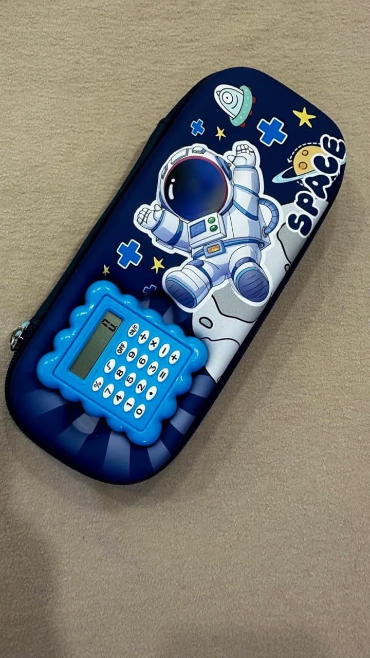 Clwone Space Theme Calculator Pencil Case, 3D Astronaut Design, Large Capacity Stationery Pouch, Multi-Colour - Image 3