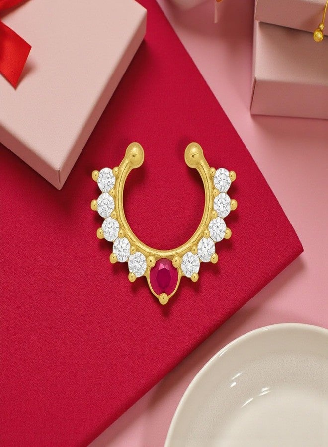 ACCESSHER Women's & Girls Antique Gold-Tone U-shape Clip-On Non-Pierced Middle Nose Ring with Pink-White Stone Pressing Type Septum Nose Pin, Jewellery for Gift - Image 3