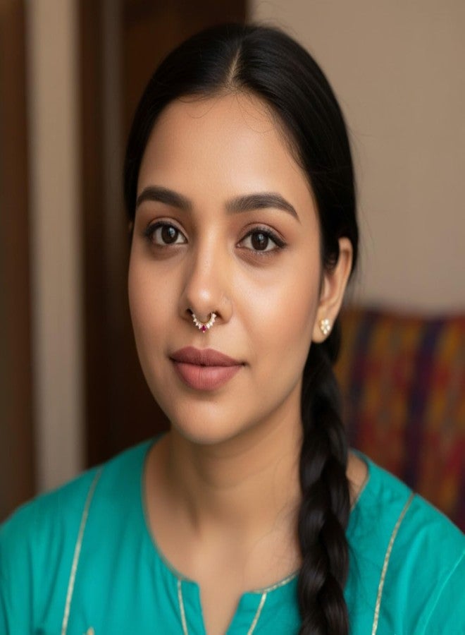 ACCESSHER Women's & Girls Antique Gold-Tone U-shape Clip-On Non-Pierced Middle Nose Ring with Pink-White Stone Pressing Type Septum Nose Pin, Jewellery for Gift - Image 5