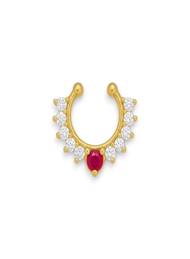 ACCESSHER Women's & Girls Antique Gold-Tone U-shape Clip-On Non-Pierced Middle Nose Ring with Pink-White Stone Pressing Type Septum Nose Pin, Jewellery for Gift - Image 1