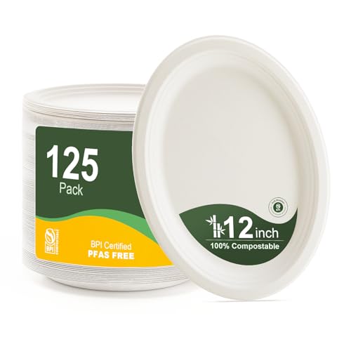 WELLIFE 100 Compostable Oval Paper Plates 12 Inch 125Pack Large Heavy Duty Paper Plates BulkBiodegradable BagasseEcoFriendly Disposable Dinner Plate for BBQPicnicParty BPI CertifiedMicrowaveable - Image 2