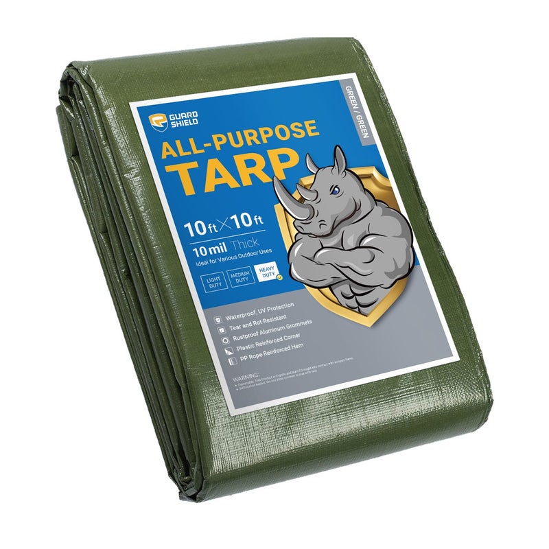 GUARD SHIELD Heavy Duty Tarp 10x10 Feet Green Multi Purpose Thick Waterproof Poly Tarp Cover 10mil - Image 1