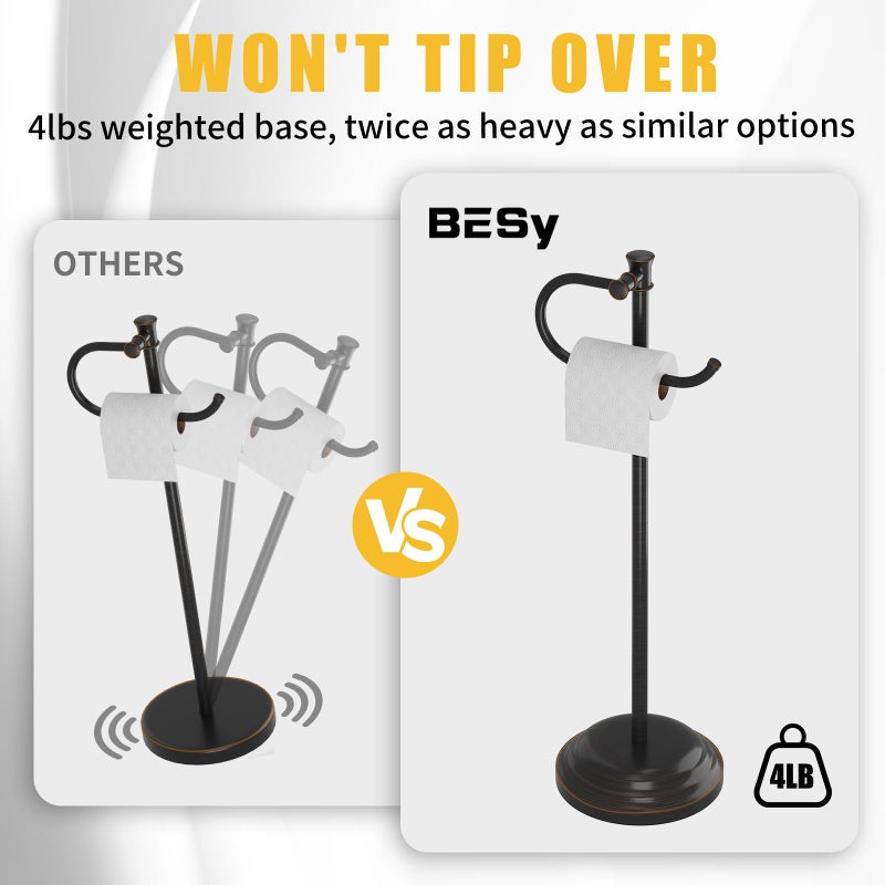 BESy Toilet Paper Holder Free Standing Bathroom Toilet Tissue Holder Stand for Floor Toilet Paper Roll Holder with Storage Hardware Accessories Rack Hand Towel Bar Oil Rubbed Bronze Stainless Steel - Image 5