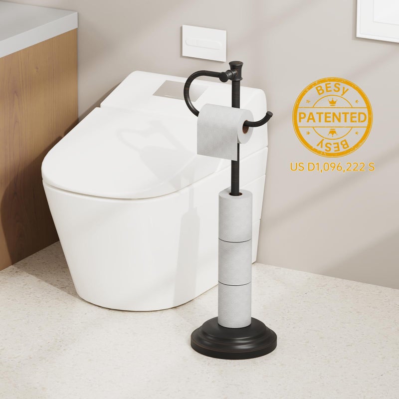 BESy Toilet Paper Holder Free Standing Bathroom Toilet Tissue Holder Stand for Floor Toilet Paper Roll Holder with Storage Hardware Accessories Rack Hand Towel Bar Oil Rubbed Bronze Stainless Steel - Image 2