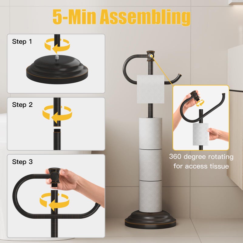 BESy Toilet Paper Holder Free Standing Bathroom Toilet Tissue Holder Stand for Floor Toilet Paper Roll Holder with Storage Hardware Accessories Rack Hand Towel Bar Oil Rubbed Bronze Stainless Steel - Image 4
