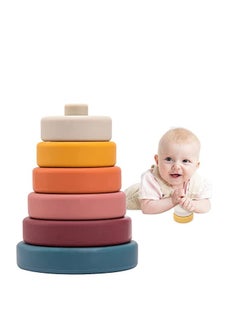 KASTWAVE Stacking Nesting Circle Toy 6Pcs Soft Squeeze Building Blocks Sensory Toys Early Learning Color Pattern Montessori Toys Early Learning Natural Brain Development Educational Blocks Toy (Morandi)  - Image 1
