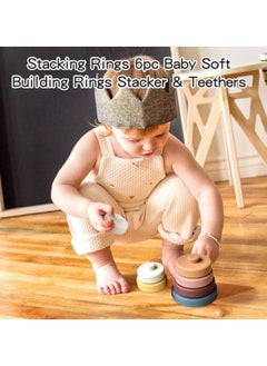KASTWAVE Stacking Nesting Circle Toy 6Pcs Soft Squeeze Building Blocks Sensory Toys Early Learning Color Pattern Montessori Toys Early Learning Natural Brain Development Educational Blocks Toy (Morandi)  - Image 4