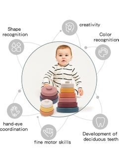 KASTWAVE Stacking Nesting Circle Toy 6Pcs Soft Squeeze Building Blocks Sensory Toys Early Learning Color Pattern Montessori Toys Early Learning Natural Brain Development Educational Blocks Toy (Morandi)  - Image 3