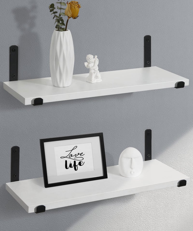 Afuly Floating Shelves White and Black Wall Shelf with Solid Wood Metal Bracket for Bedroom Living Room Office Bathroom Kitchen Storage or Display Shelves Set of 2