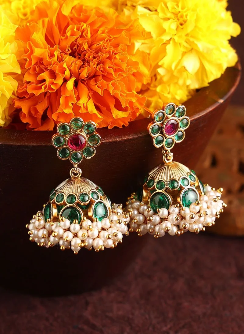 Priyaasi Kundan-Stone Studded  Pearls Beaded Dome Shaped Jhumkas