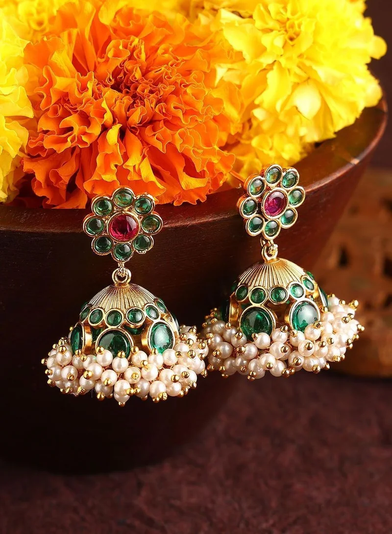 Priyaasi Kundan-Stone Studded  Pearls Beaded Dome Shaped Jhumkas