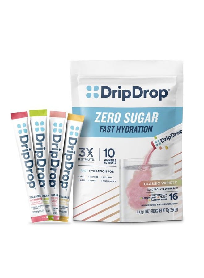 DripDrop Sugar Free Hydration Packets - Zero Classic Variety Pack - Single Serve Electrolytes Powder Drink Mix - Lemon Lime, Watermelon, Peach, Passion Fruit - Non-GMO, Gluten Free, Vegan - 16 Sticks - Image 1