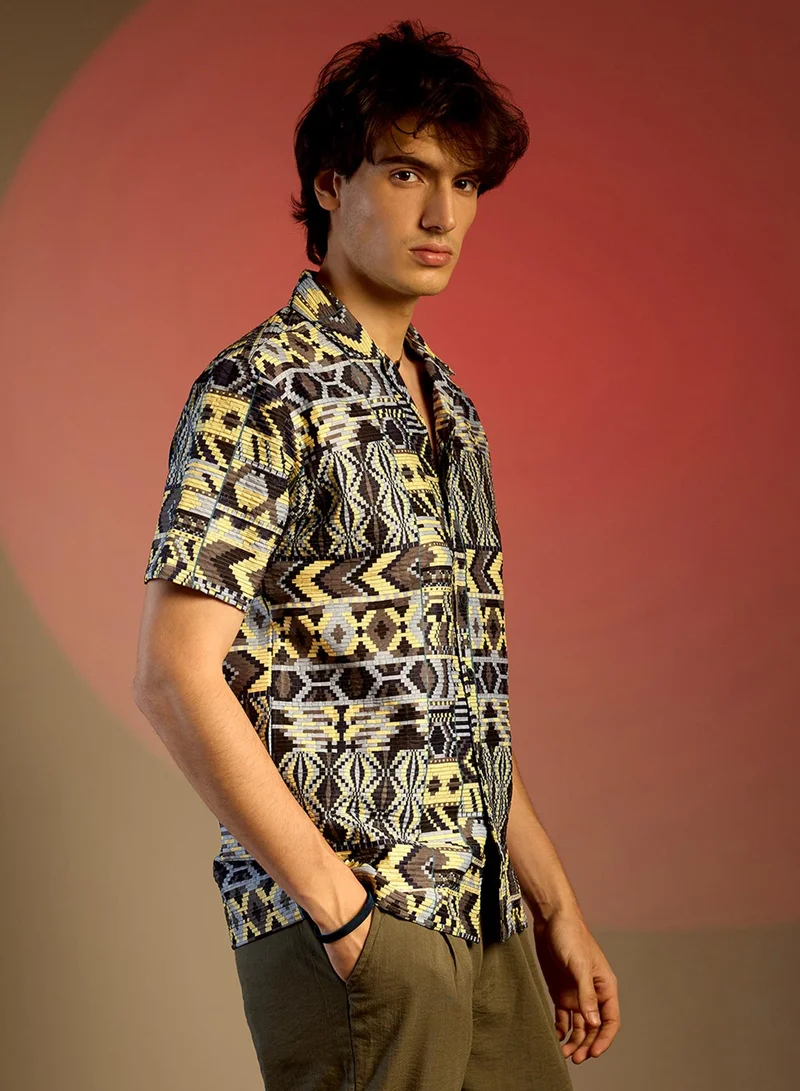 Campus Sutra Men's Sky Blue & Lemon Yellow Bohemian Shirt