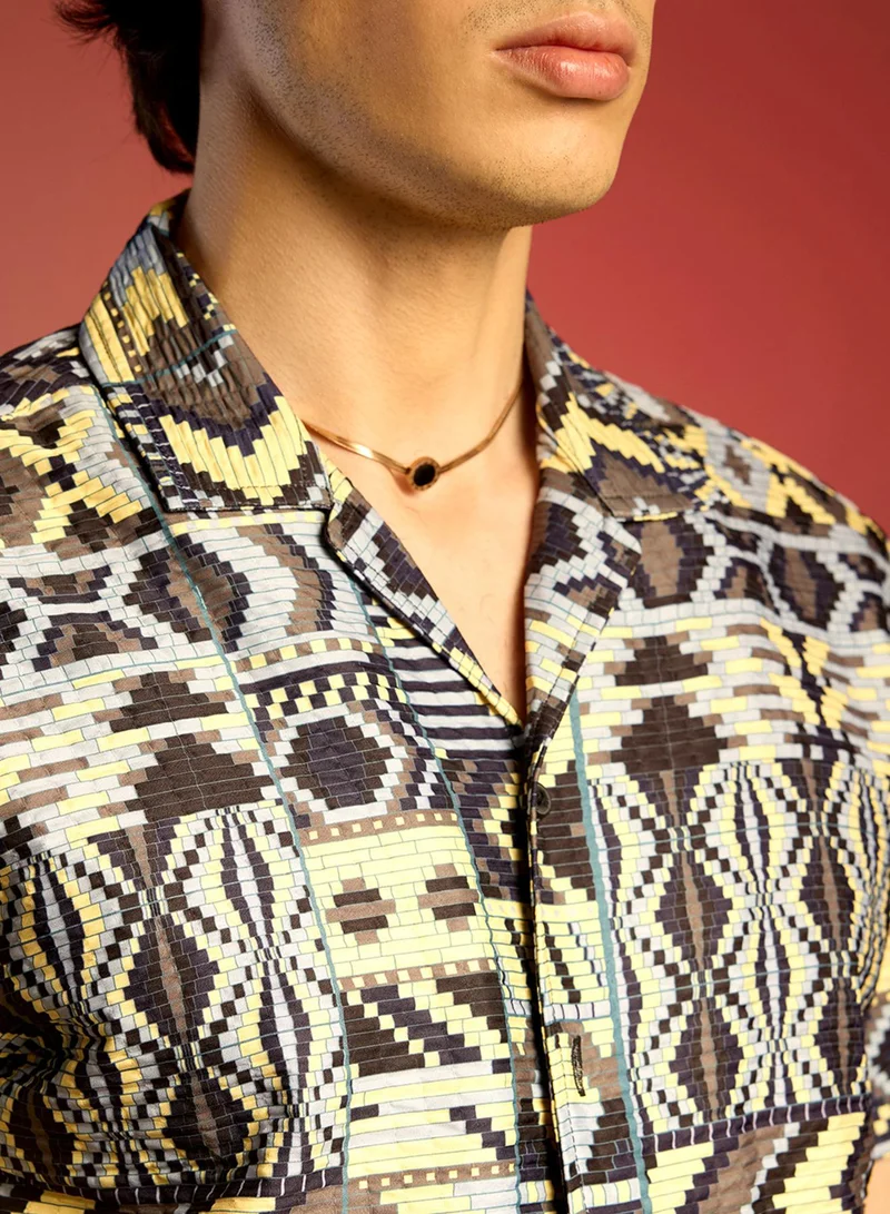 Campus Sutra Men's Sky Blue & Lemon Yellow Bohemian Shirt