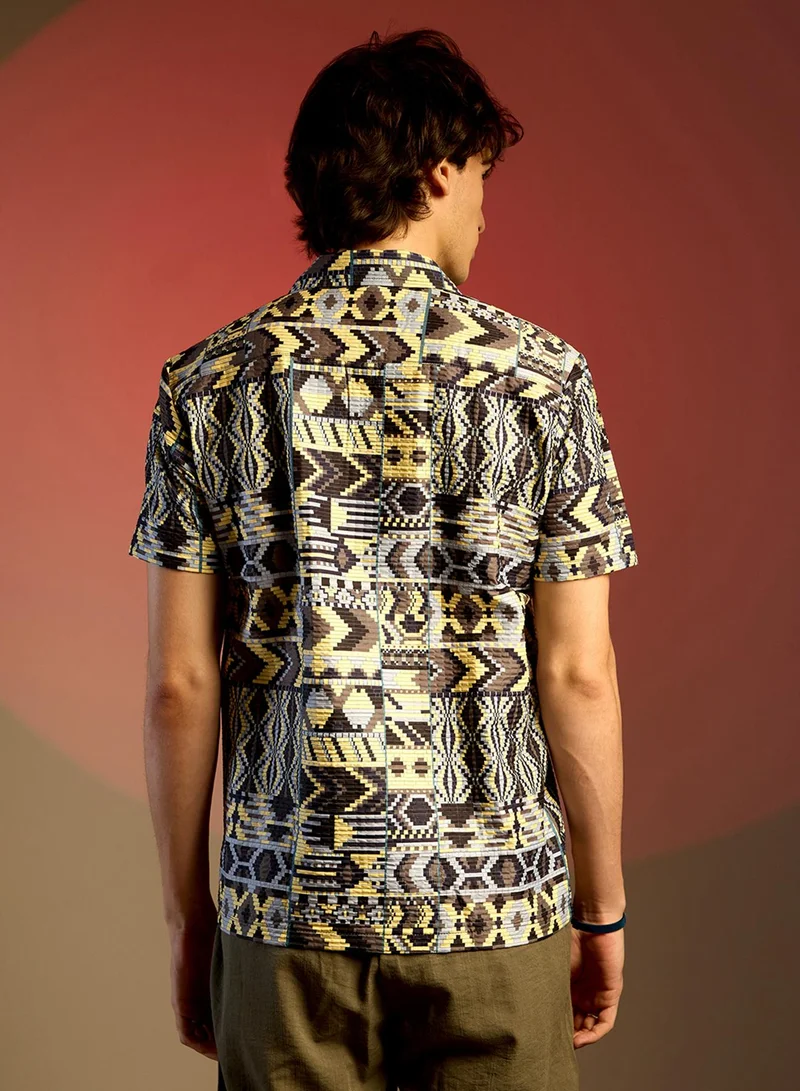 Campus Sutra Men's Sky Blue & Lemon Yellow Bohemian Shirt