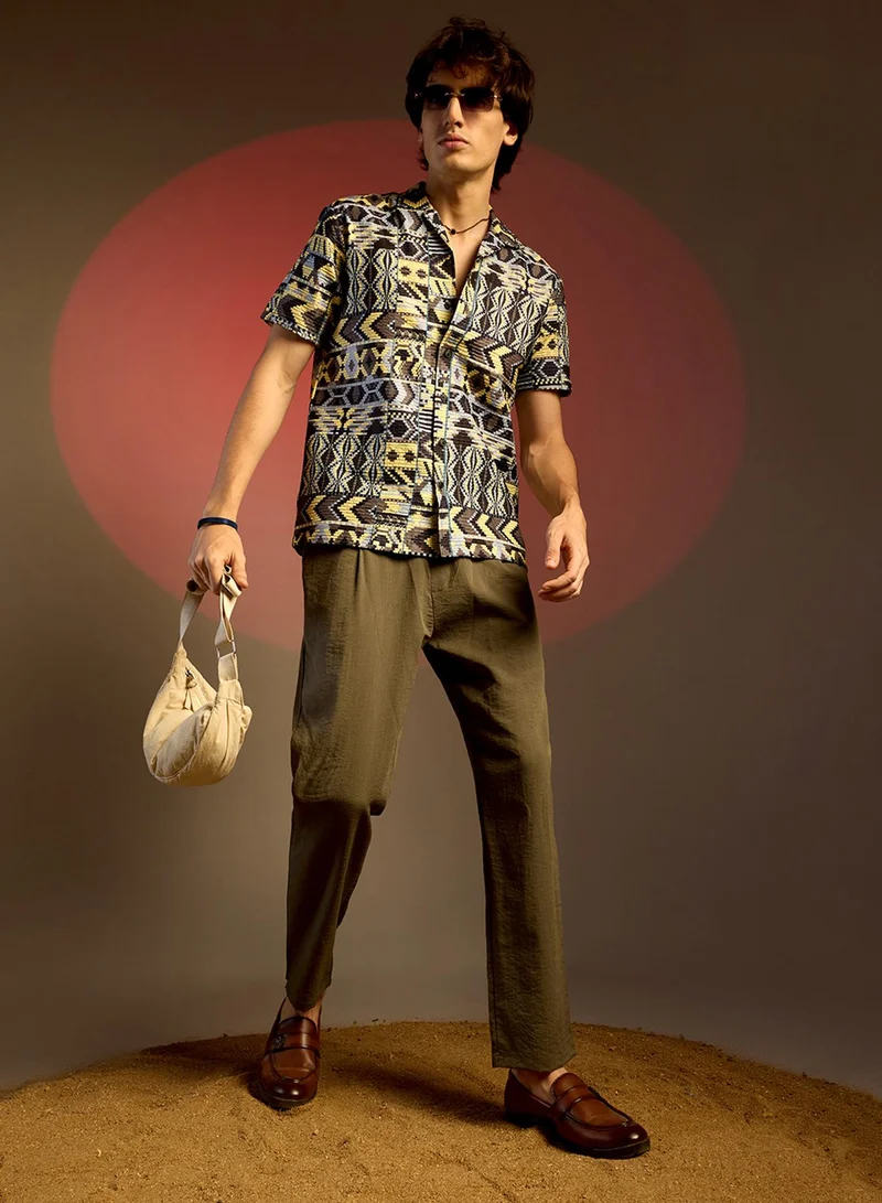 Campus Sutra Men's Sky Blue & Lemon Yellow Bohemian Shirt