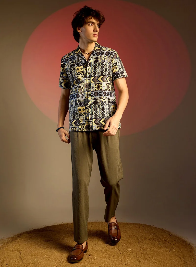 Campus Sutra Men's Sky Blue & Lemon Yellow Bohemian Shirt