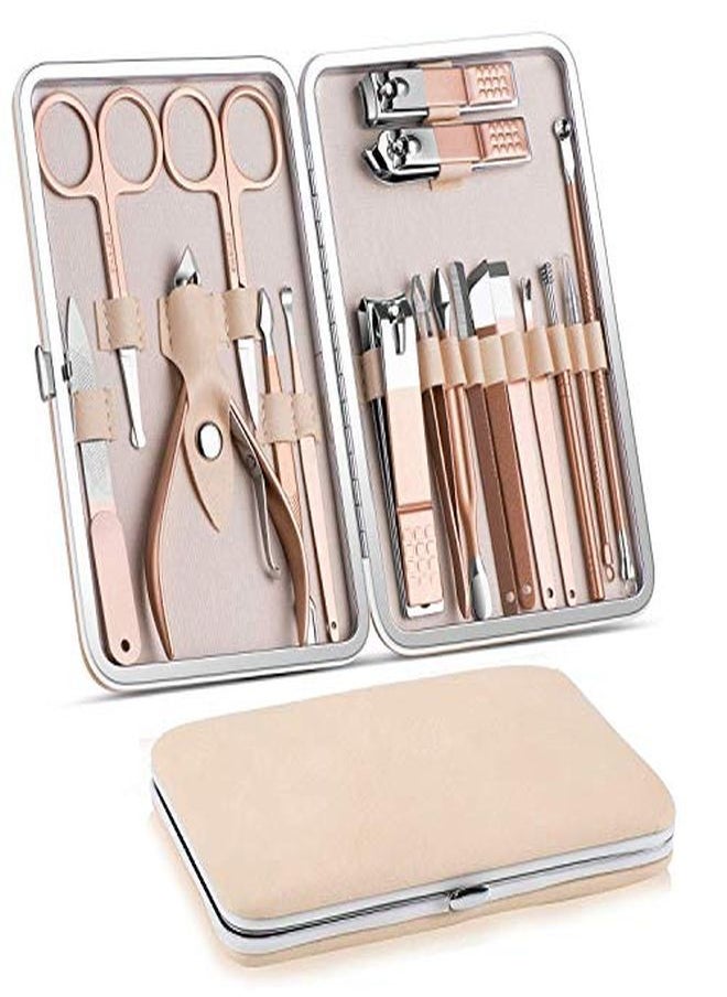 DOCOSS - 18 In 1 Stainless Steel Professional Manicure Set Nail Cutter For Women Nail Scissors Grooming Kit Manicure Pedicure Kit For Women Nail Acne Remover Needle Blackhead Tool With Leather Case - Image 1