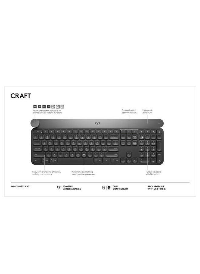 Craft Illuminated Wireless Keyboard, 2.4Ghz Wireless And Bluetooth, Programmable Input Dial, Multi-Device, Automatic Backlit Keys, Rechargeable, PC/Mac/Laptop Qwerty US-International Layout Black