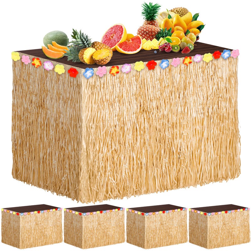 Cohpoh ADXCO 5 Packs Hawaiian Luau Grass Table Skirt 108 x 30 Inch Tropical Hibiscus Luau Party Decorations Brown Hawaiian Table Skirts for Moana Themed Events Birthday 