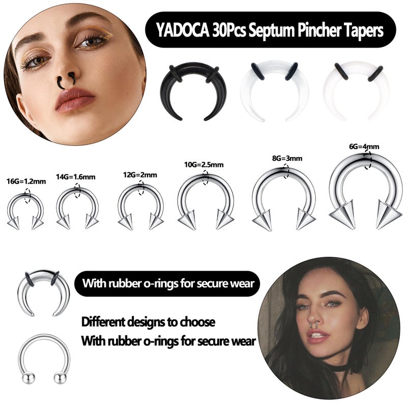 YADOCA 30Pcs Septum Pincher Tapers 16G 14G 12G 10G 8G 6G Horseshoe Septum Rings Acrylic Stainless Steel C Shape Septum Piercing Jewelry Nose Ear Cartilage Septum Stretching Kit for Women Men - Image 2