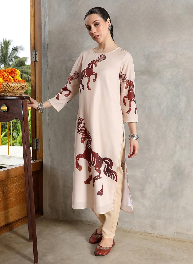 QISSA  Women's Chariot-Block Kurta Set For Ethnic Wear | Round Neck, Quarter Regular Sleeves | Graphic Print Plain Woven Fabric | 2 Piece Kurta Set Designed For Casual & Daily Wear | Chocolate Brown for Women | Best Price UAE