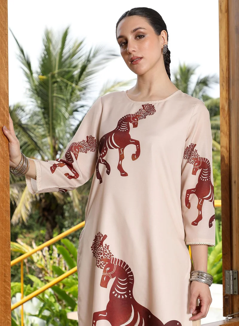 QISSA  Women's Chariot-Block Kurta Set For Ethnic Wear | Round Neck, Quarter Regular Sleeves | Graphic Print Plain Woven Fabric | 2 Piece Kurta Set Designed For Casual & Daily Wear | Chocolate Brown for Women | Best Price UAE