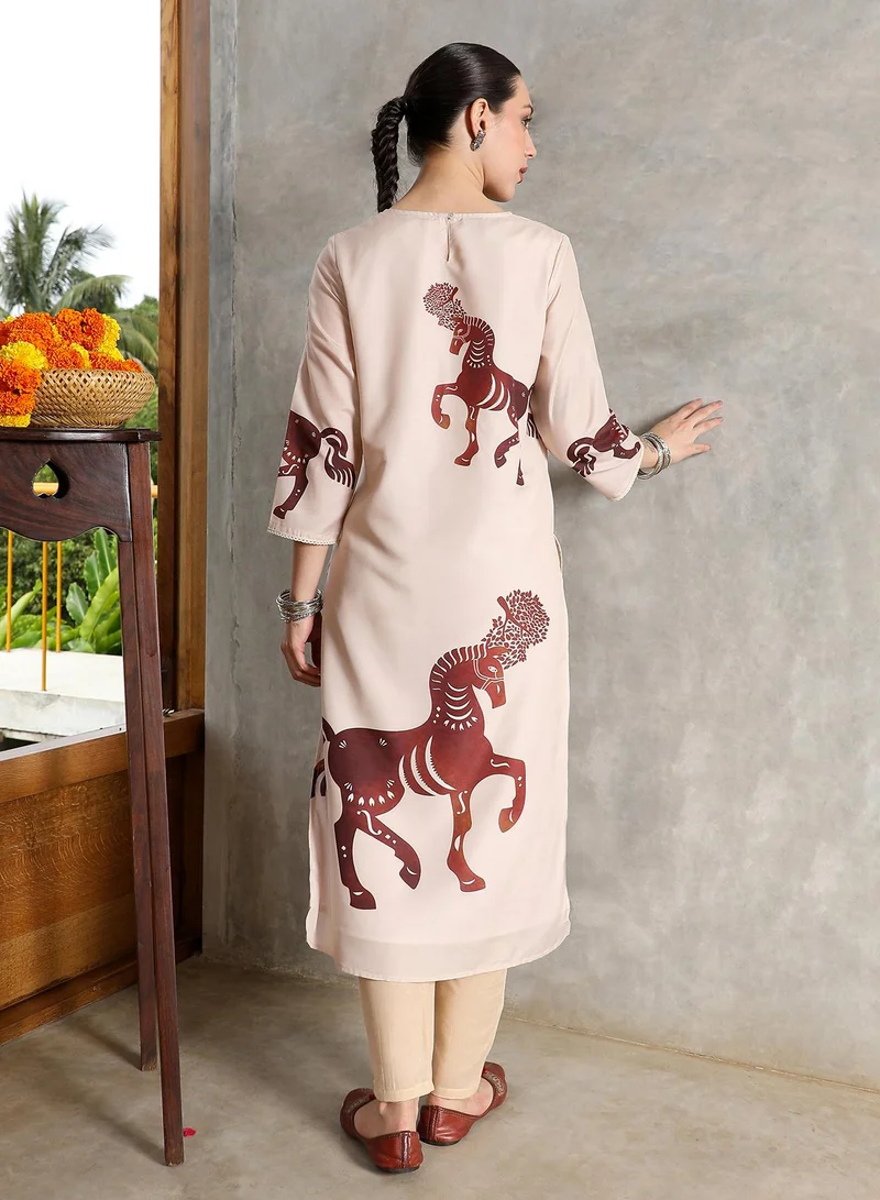 QISSA  Women's Chariot-Block Kurta Set For Ethnic Wear | Round Neck, Quarter Regular Sleeves | Graphic Print Plain Woven Fabric | 2 Piece Kurta Set Designed For Casual & Daily Wear | Chocolate Brown for Women | Best Price UAE