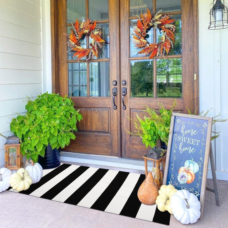 KOZYFLY Black and White Striped Runner Rug 2x4.3 Ft Washable Hallway Runner Rug Farmhouse Kitchen Hand Woven Cotton Indoor Outdoor Rug for Front Door Kitchen Hallway Bedroom Laundry Room - Image 1