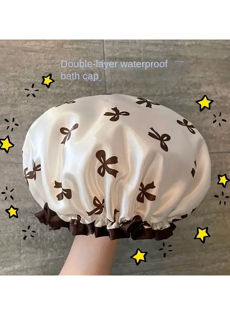 Ucanbe - 1pc White Bow Double Layer Shower Cap, Waterproof & Elastic - Polyester Hair Protector with Ruffled Design for Adults & Kids, Perfect for Bath & Kitchen Use, Shower Accessories - Image 1