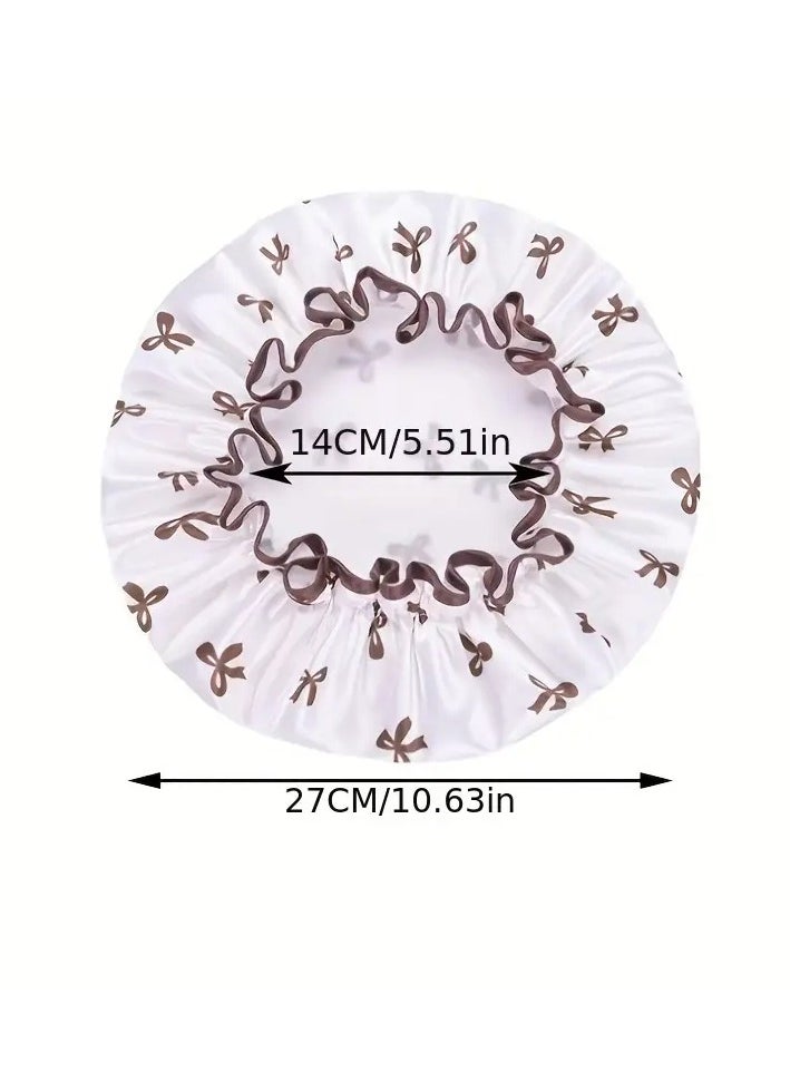 Ucanbe - 1pc White Bow Double Layer Shower Cap, Waterproof & Elastic - Polyester Hair Protector with Ruffled Design for Adults & Kids, Perfect for Bath & Kitchen Use, Shower Accessories - Image 1