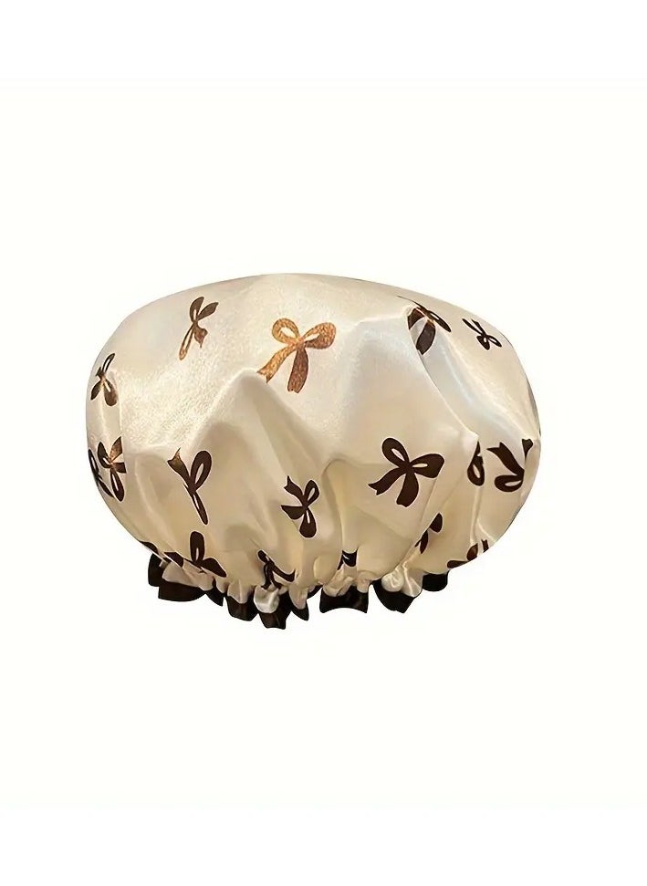 Ucanbe - 1pc White Bow Double Layer Shower Cap, Waterproof & Elastic - Polyester Hair Protector with Ruffled Design for Adults & Kids, Perfect for Bath & Kitchen Use, Shower Accessories - Image 1