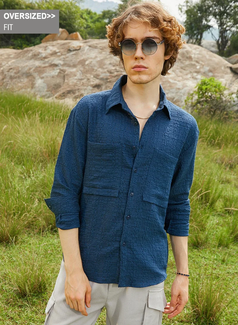 Campus Sutra Men's Admiral Blue Straw Utility Oversized Shirt