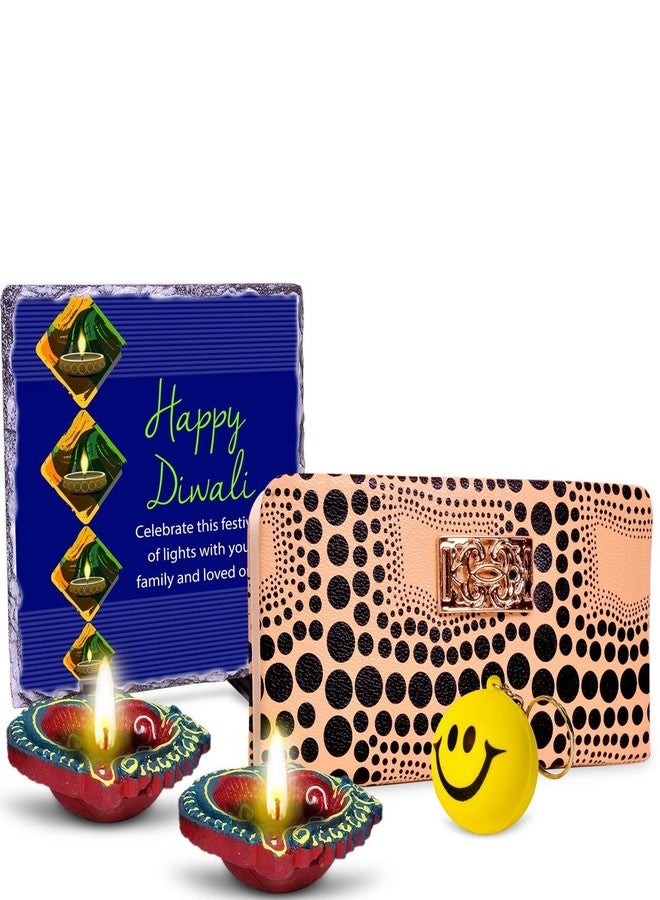 Alwaysgift Celebrate This Festival of Lights with Your Family 2 Diyas, Ladies Wallet, Smiley Keychain, & Rock Tile Frame Combo Set - Image 1