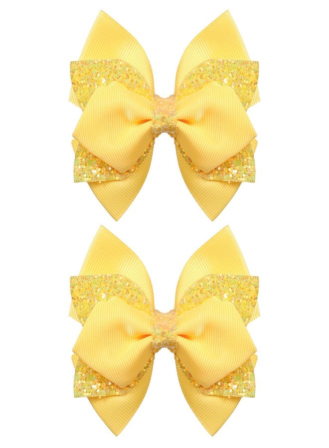 Miroksh رباط شعر لامع أصفر 4" مع مشابك شعر على شكل قوس للفتيات الصغيرات مزين بخيوط لامعة، دبابيس شعر على شكل تمساح، إكسسوار لتزيين فستان عيد الفصح في عطلة الصيف على الشاطئ - Image 1