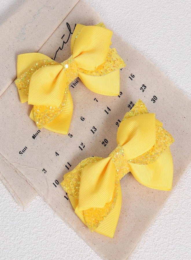 Miroksh رباط شعر لامع أصفر 4" مع مشابك شعر على شكل قوس للفتيات الصغيرات مزين بخيوط لامعة، دبابيس شعر على شكل تمساح، إكسسوار لتزيين فستان عيد الفصح في عطلة الصيف على الشاطئ - Image 2