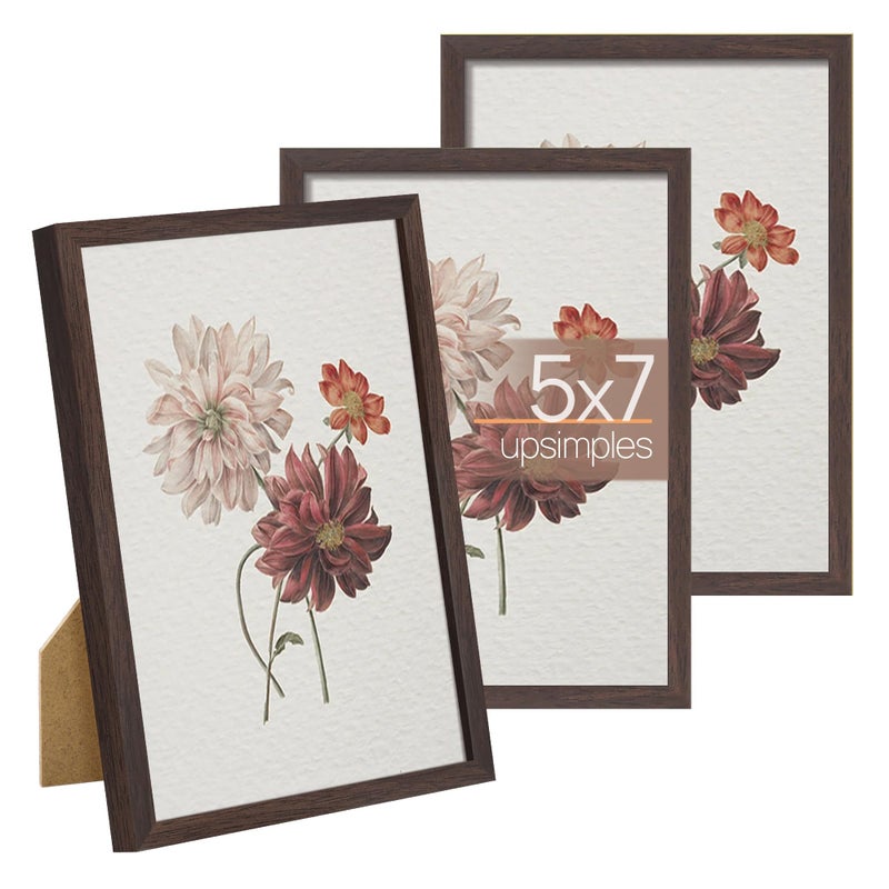 upsimples 5x7 Picture Frame Set of 3  Made of High Definition Glass for 5 x 7 Brown Frames  Wall and Tabletop Display Thin Border Photo Frame for Home D?cor - Image 1