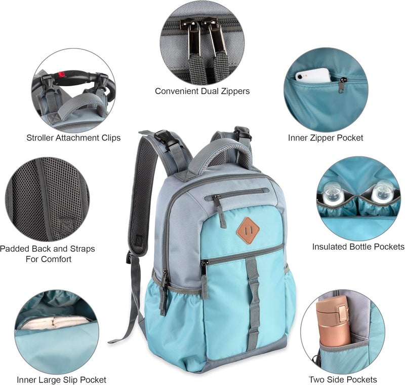 Baby Essentials Two Tone Diaper Bag Backpack with Portable Changing Pad Stroller Straps Insulated Bottle Pocket 2 Pc Set Teal - Image 5