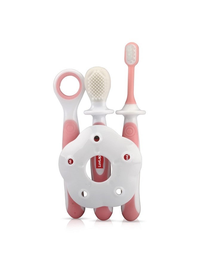 Luvlap Baby Training Toothbrush Set With Anti Choking Shield, Teeth Tongue Cleaner, Baby Oral Hygiene, 3 Pcs, (White/Pink) - Image 1