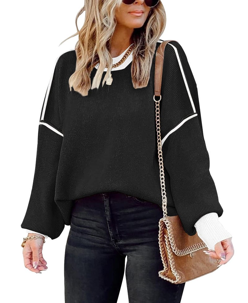 ETCYY Womens Oversized Sweaters Fall 2026 Fashion Clothes Trendy Batwing Sleeve Colorblock Striped Knit Pullover Tops,Black,Small - Image 1
