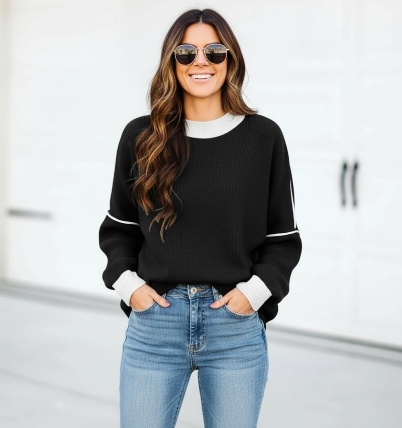 ETCYY Womens Oversized Sweaters Fall 2026 Fashion Clothes Trendy Batwing Sleeve Colorblock Striped Knit Pullover Tops,Black,Small - Image 4