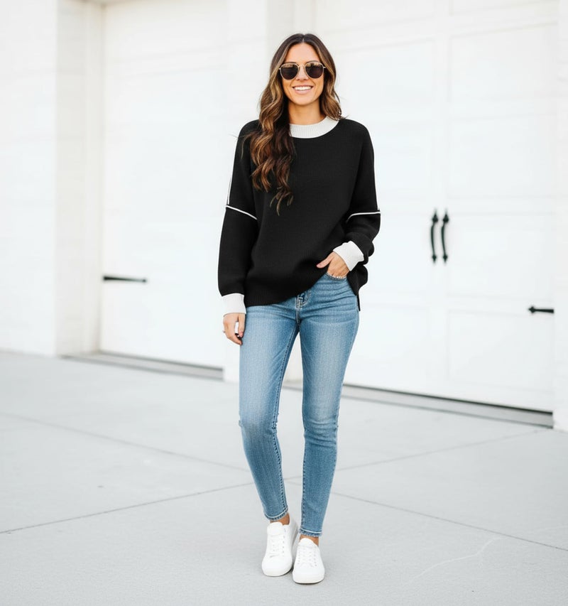 ETCYY Womens Oversized Sweaters Fall 2026 Fashion Clothes Trendy Batwing Sleeve Colorblock Striped Knit Pullover Tops,Black,Small - Image 5