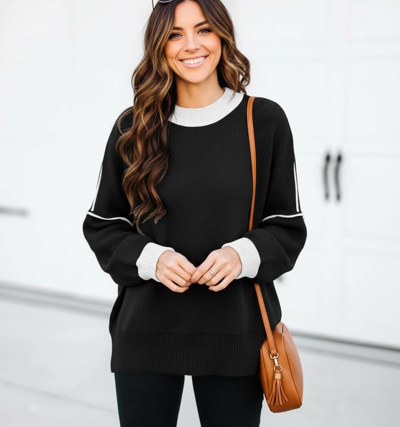 ETCYY Womens Oversized Sweaters Fall 2026 Fashion Clothes Trendy Batwing Sleeve Colorblock Striped Knit Pullover Tops,Black,Small - Image 3