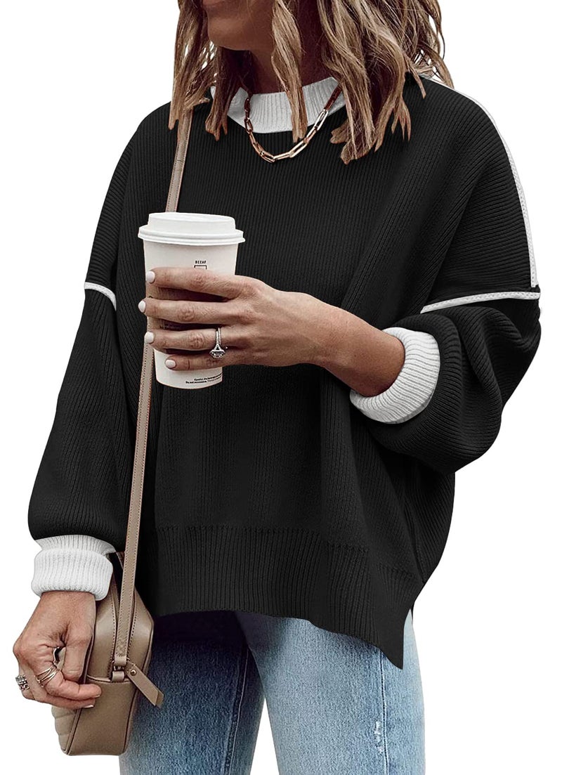 ETCYY Womens Oversized Sweaters Fall 2026 Fashion Clothes Trendy Batwing Sleeve Colorblock Striped Knit Pullover Tops,Black,Small - Image 2